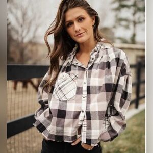 We the Free~ Free People Ladies L Emily plaid button down shirt grey Combo color